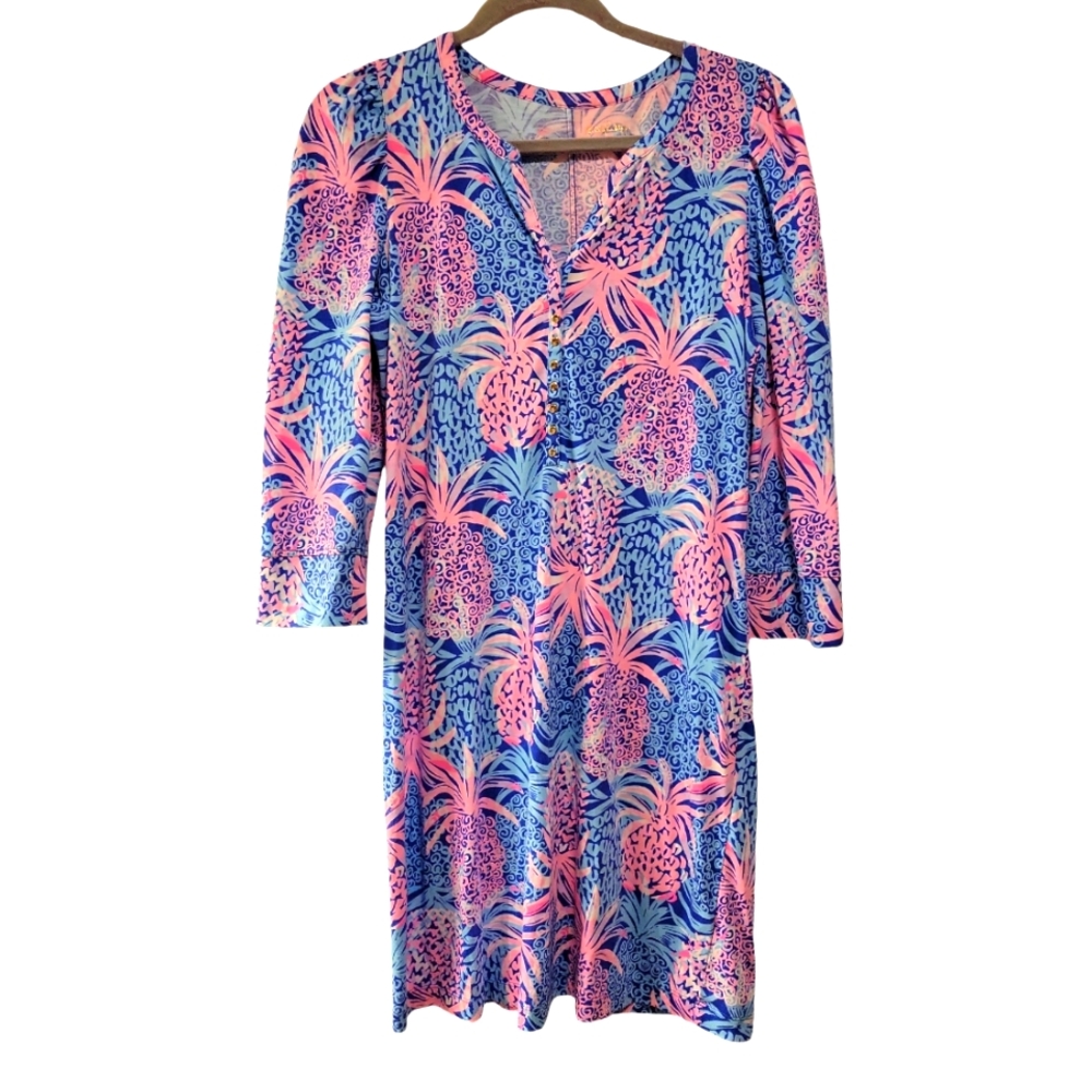 Lilly Pulitzer, Pineapple Printed Mini Dress, Split Neckline w/ Gold Buttons, Md